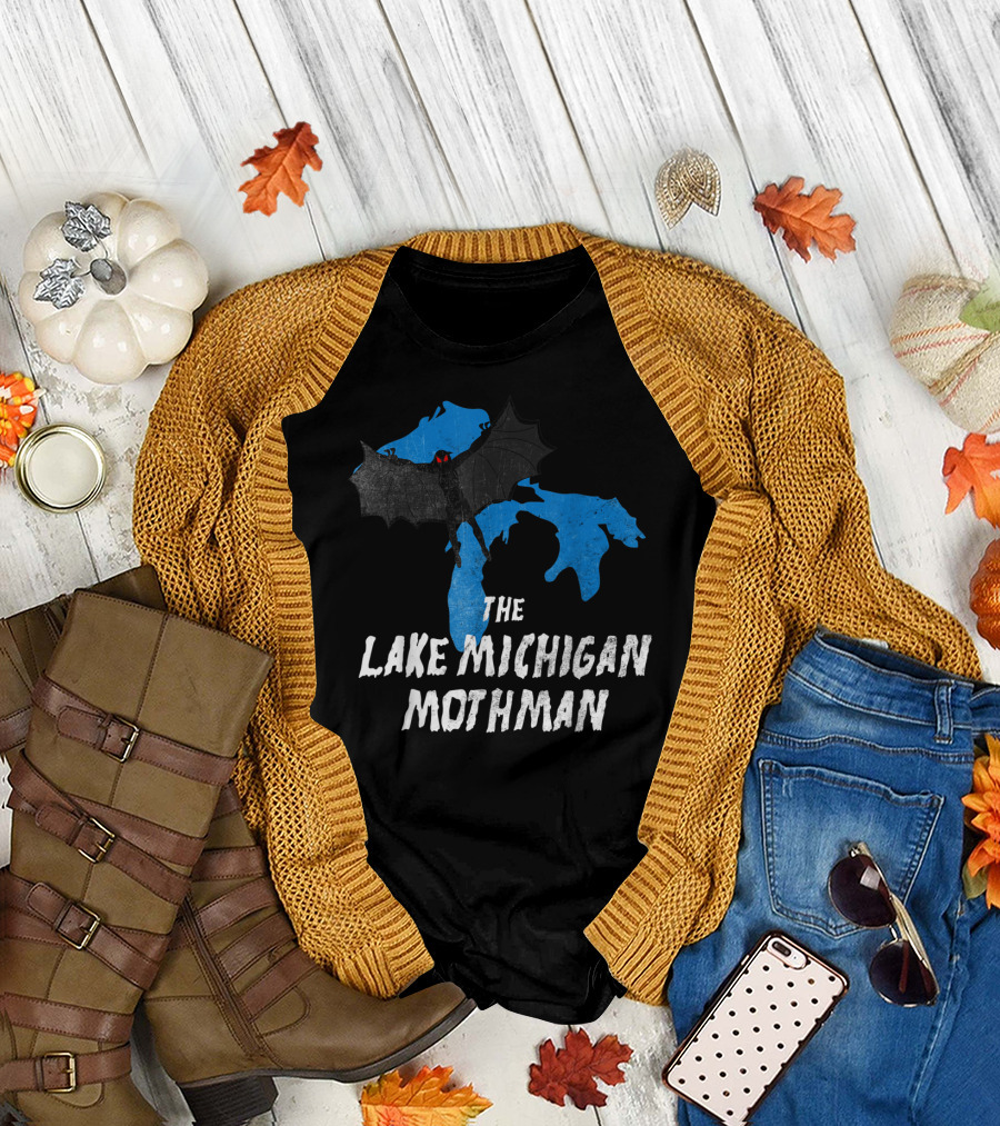 The Lake Michigan Mothman Over Michigan Map With Black And Red Bat Monster T-Shirt