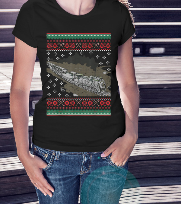 Steam Engine Train Ugly Christmas Pattern Railroad T-Shirt