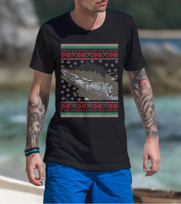 Steam Engine Train Ugly Christmas Pattern Railroad T-Shirt