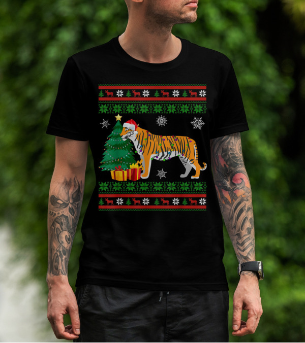 Tiger With Santa Hat And Christmas Tree Holiday Pattern Snowflakes And Reindeer T-Shirt