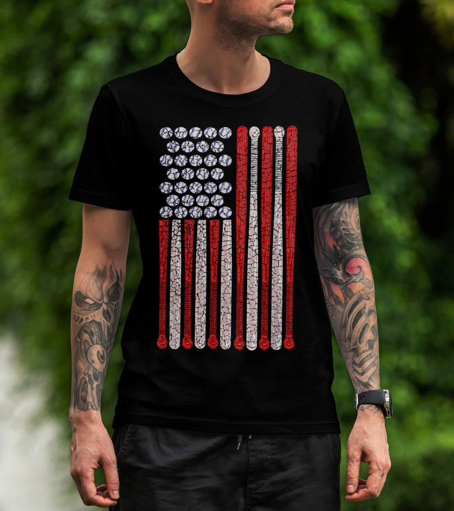 Vintage American Flag 4th July Baseball Bat And Ball T-Shirt