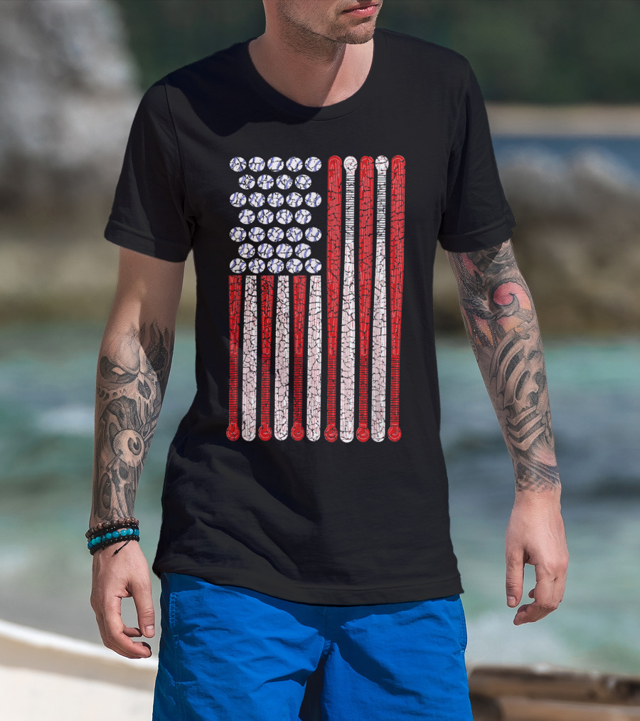 Vintage American Flag 4th July Baseball Bat And Ball T-Shirt
