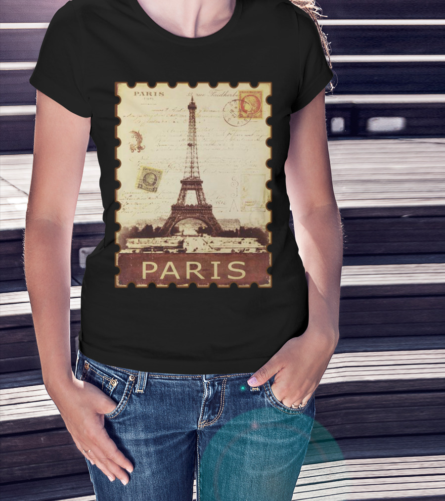 Vintage Eiffel Tower Paris Stamp With Distressed Paris Text T-Shirt