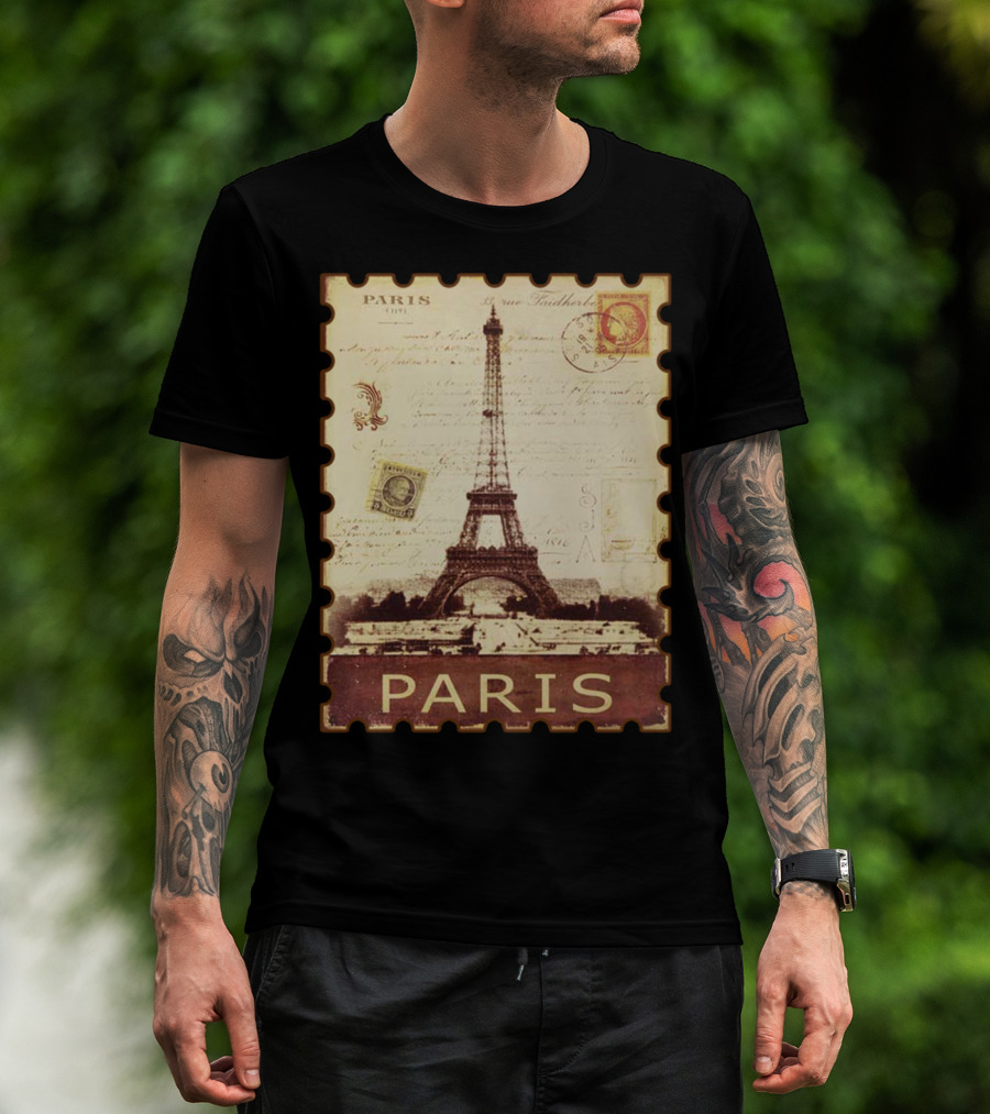 Vintage Eiffel Tower Paris Stamp With Distressed Paris Text T-Shirt