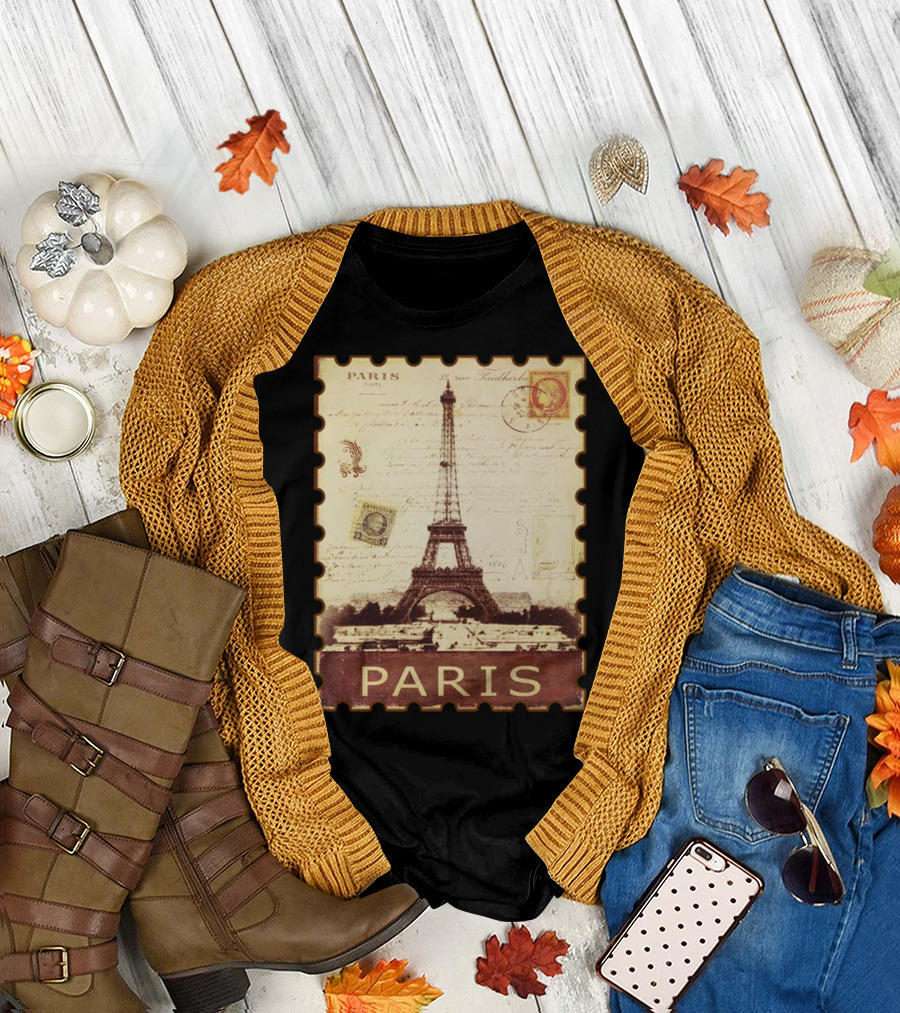 Vintage Eiffel Tower Paris Stamp With Distressed Paris Text T-Shirt