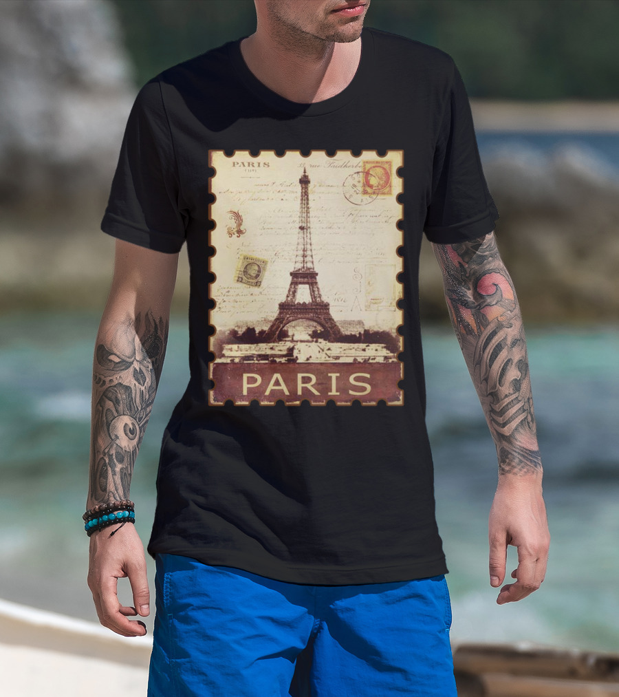 Vintage Eiffel Tower Paris Stamp With Distressed Paris Text T-Shirt