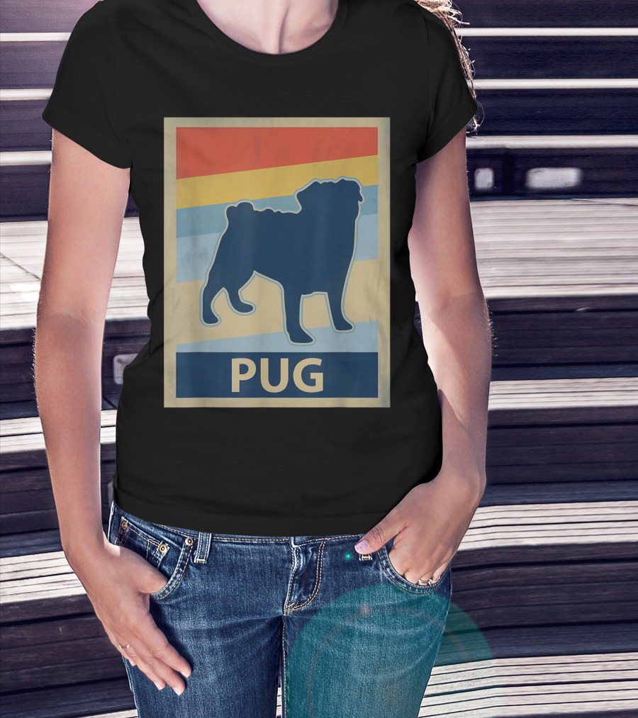 Vintage Pug Silhouette With Retro Stripes T-Shirt