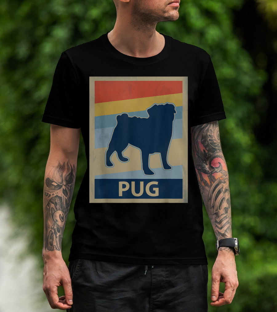 Vintage Pug Silhouette With Retro Stripes T-Shirt