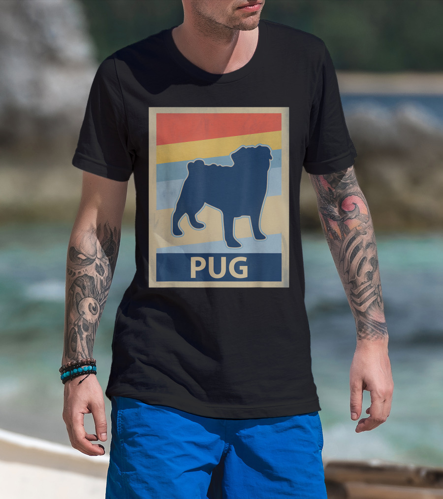 Vintage Pug Silhouette With Retro Stripes T-Shirt
