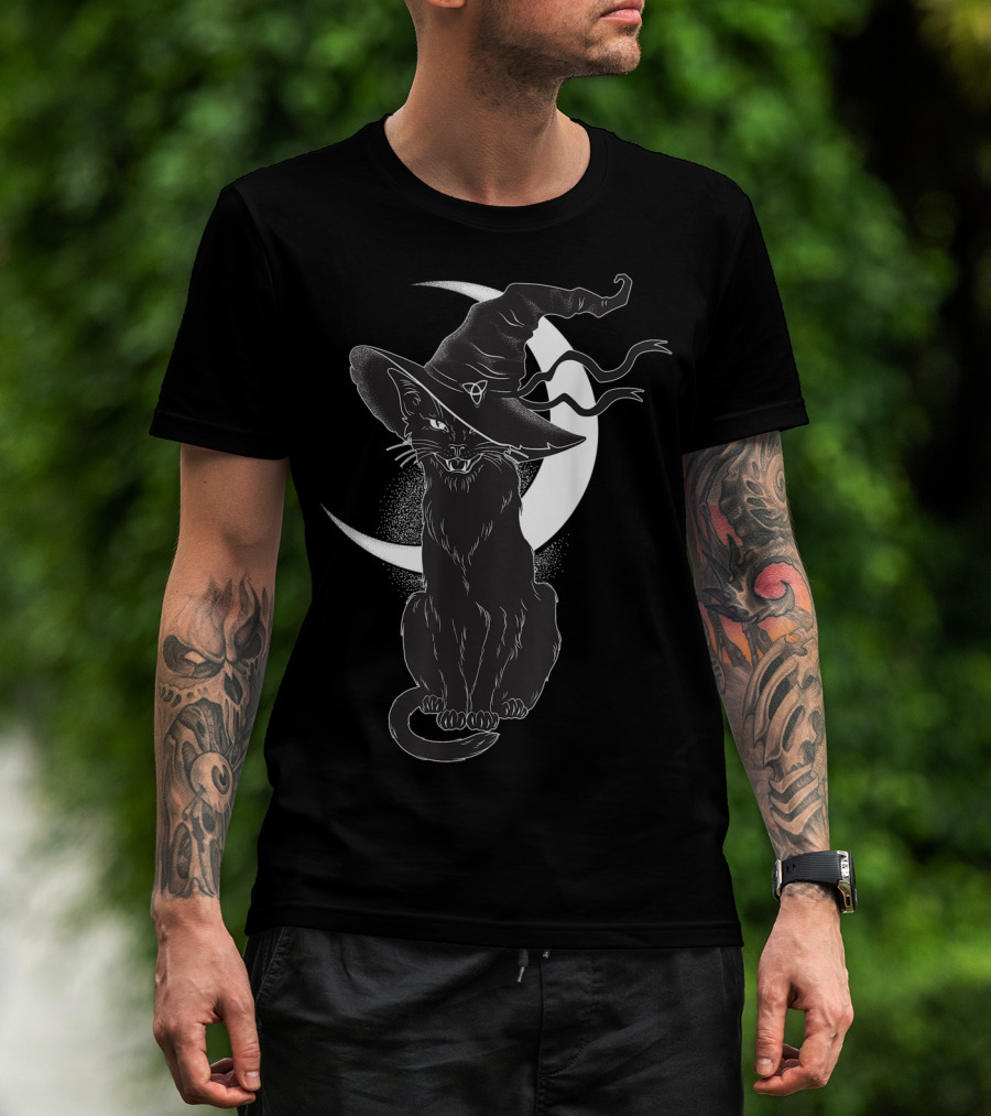 Vintage Scary Halloween Black Cat Sitting In Front Of Crescent Moon Wearing Witch Hat T-Shirt