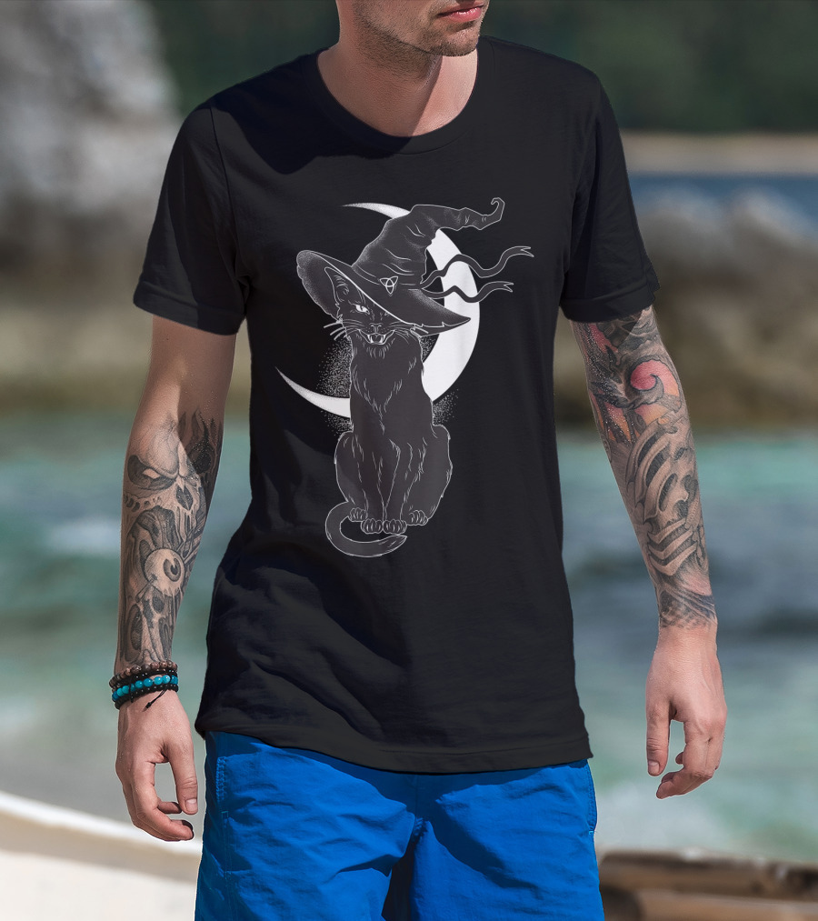 Vintage Scary Halloween Black Cat Sitting In Front Of Crescent Moon Wearing Witch Hat T-Shirt