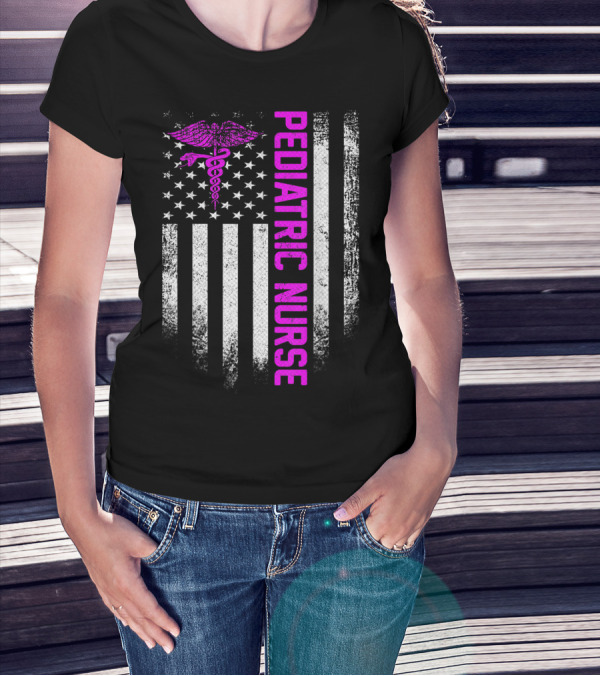 Pediatric Nurse American Flag Vintage USA Caduceus T-Shirt