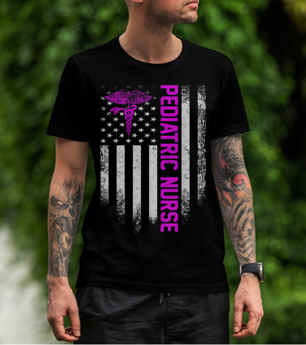 Pediatric Nurse American Flag Vintage USA Caduceus T-Shirt