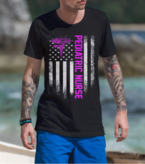Pediatric Nurse American Flag Vintage USA Caduceus T-Shirt