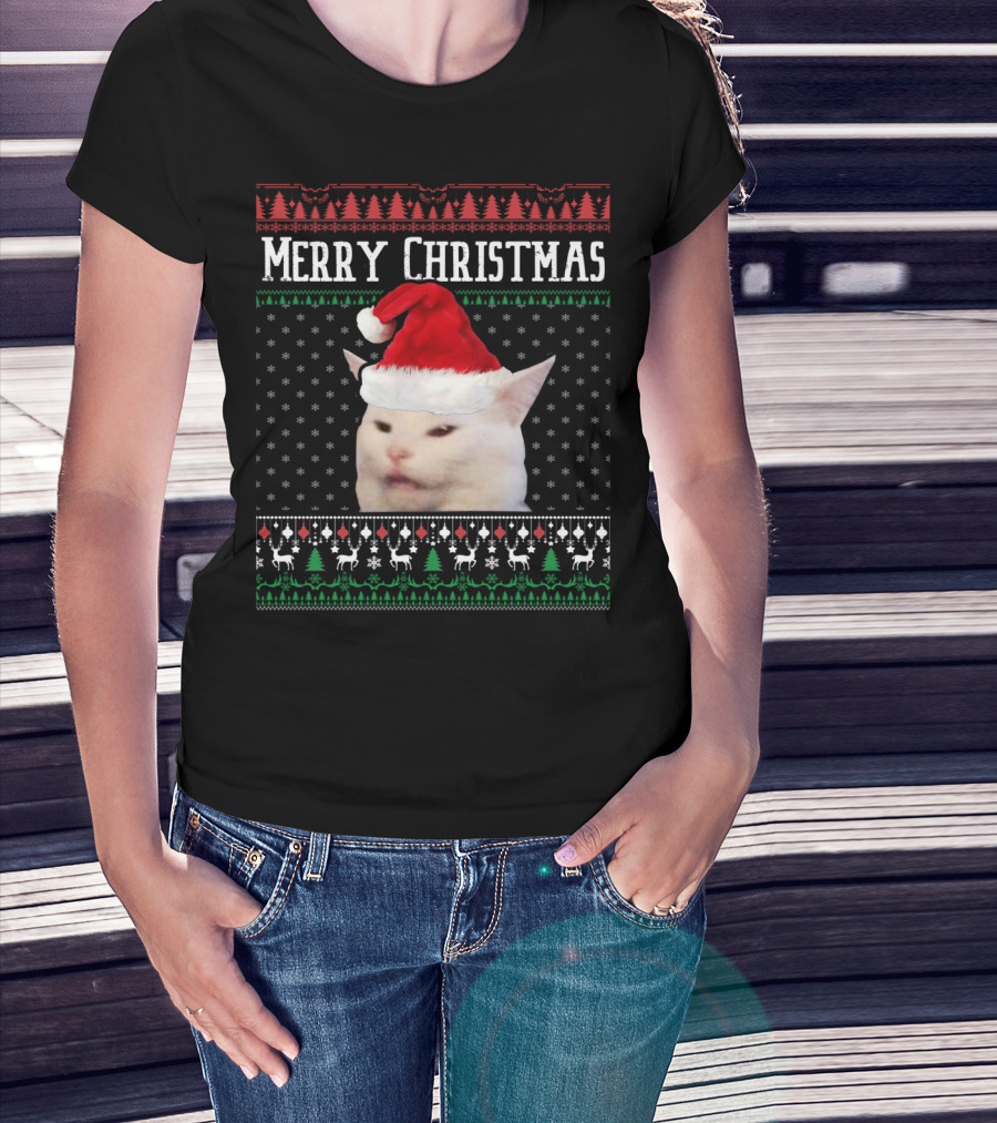 Merry Christmas Woman Yelling At Smudge Cat Santa Hat Holiday T-Shirt