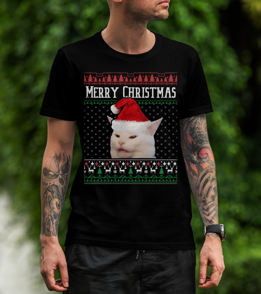 Merry Christmas Woman Yelling At Smudge Cat Santa Hat Holiday T-Shirt