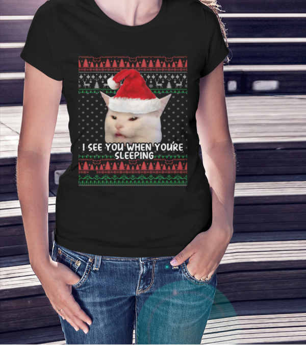 Smudge The Cat Santa Hat Christmas I See You When You're Sleeping T-Shirt