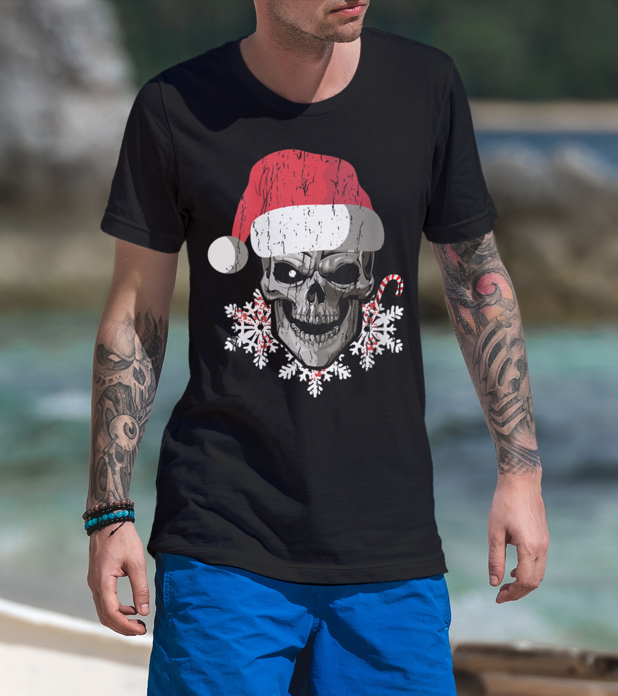 Skull With Santa Hat Snowflakes Candy Cane T-Shirt