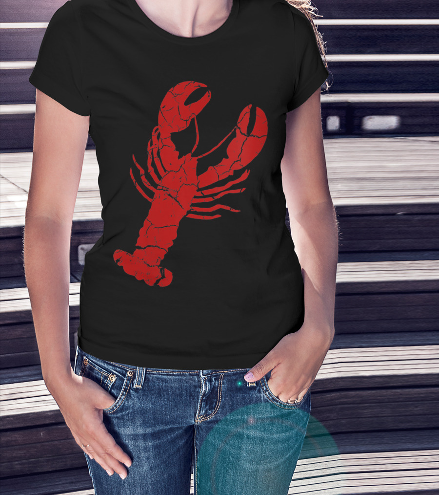 Vintage Lobster Print Red Cracked T-Shirt