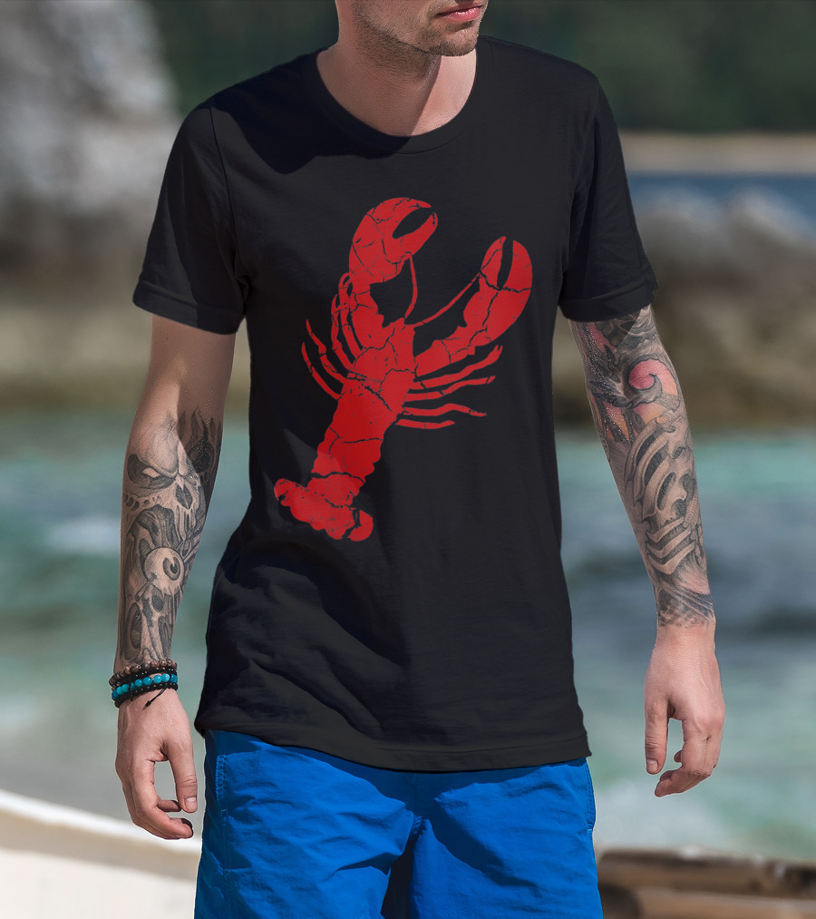 Vintage Lobster Print Red Cracked T-Shirt