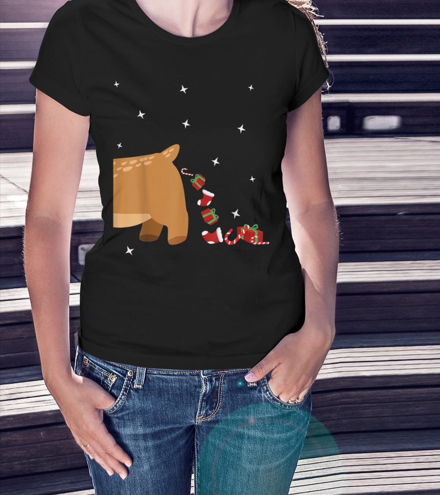 Xmas Sick Reindeer Costume Matching Couple With Stars And Falling Candy Cane Presents T-Shirt