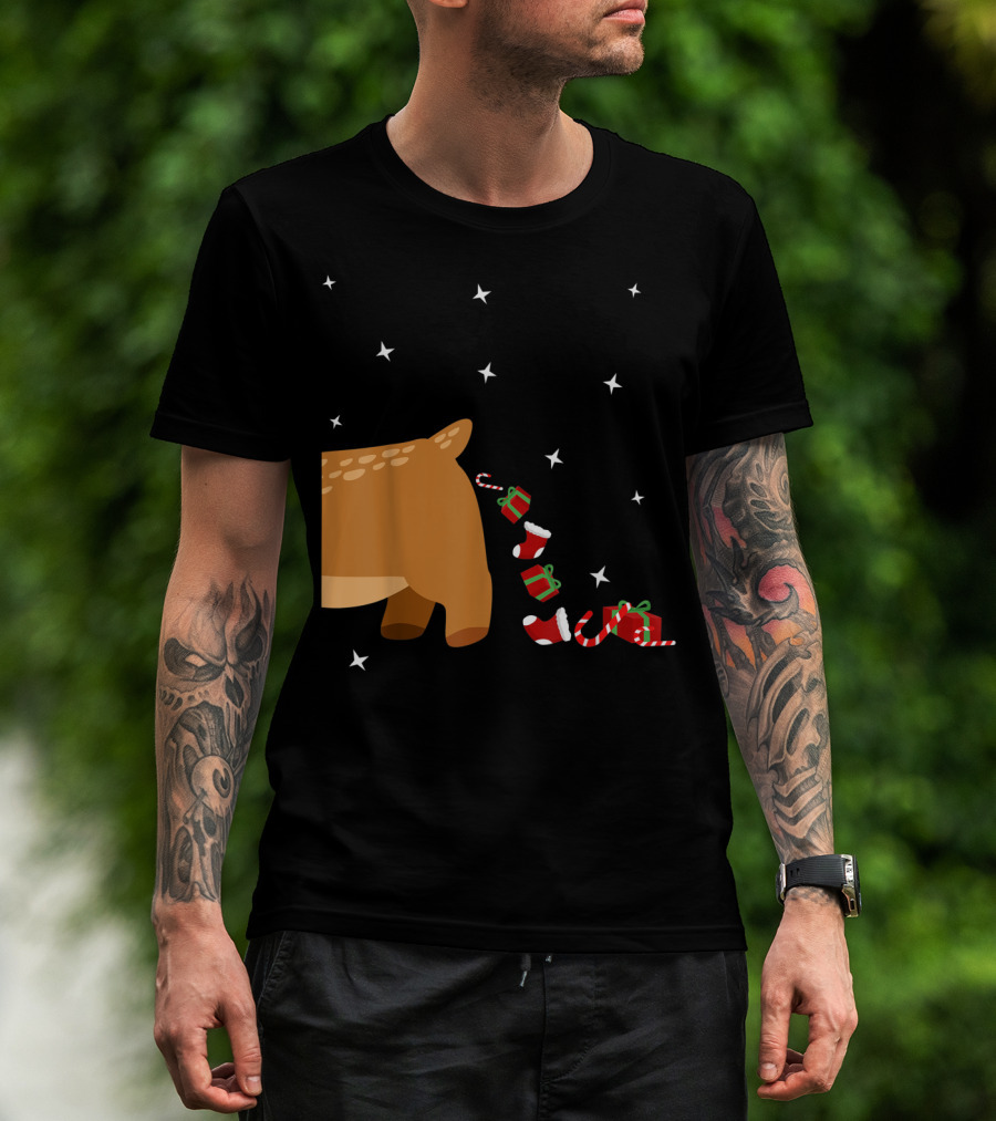 Xmas Sick Reindeer Costume Matching Couple With Stars And Falling Candy Cane Presents T-Shirt