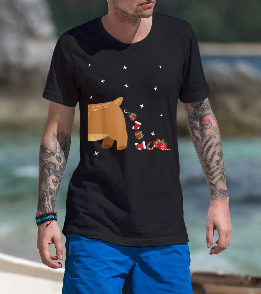 Xmas Sick Reindeer Costume Matching Couple With Stars And Falling Candy Cane Presents T-Shirt