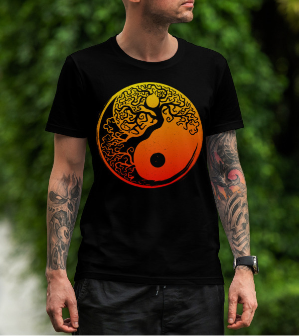 Yin Yang Bonsai Tree Japanese Golden Sun Circle T-Shirt