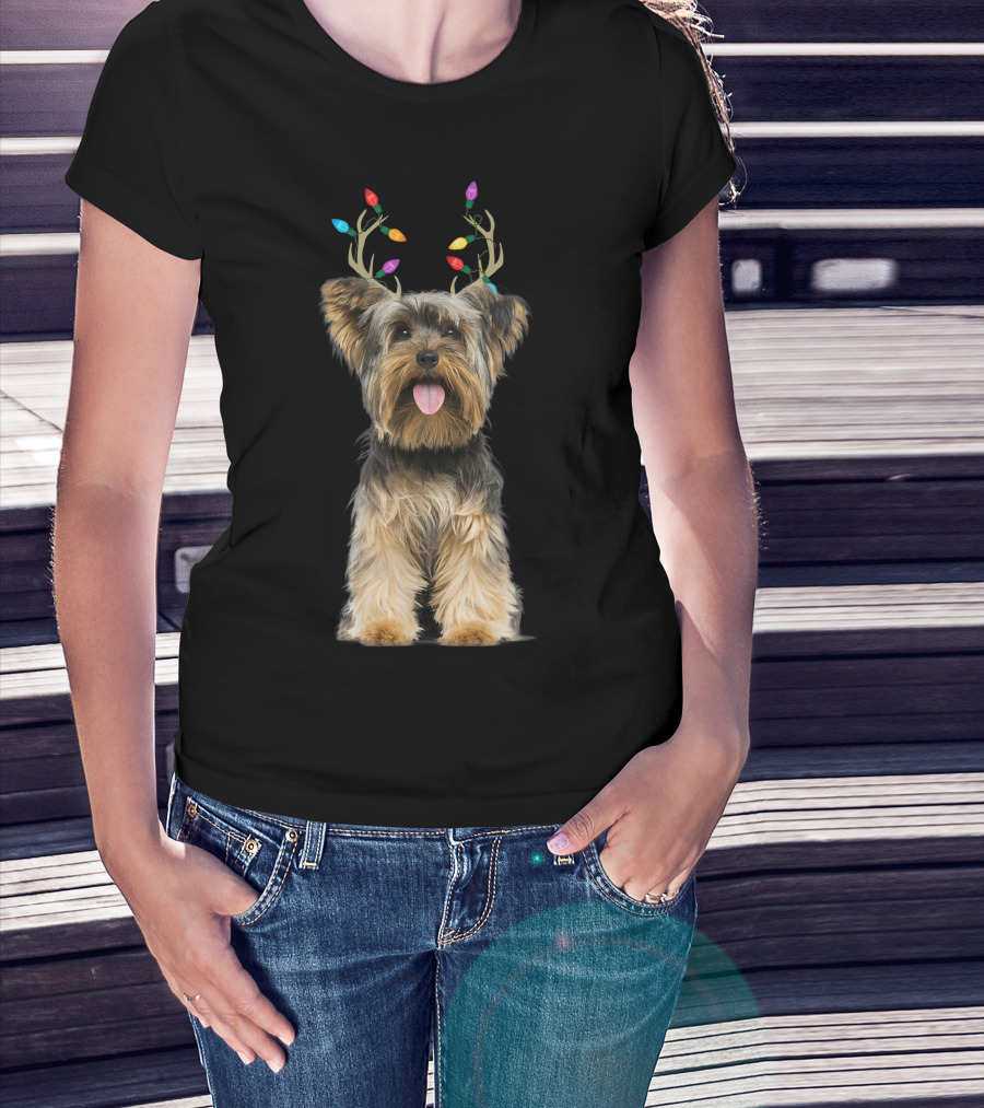 Yorkie Yorkshire Terrier With Colorful Reindeer Antlers T-Shirt