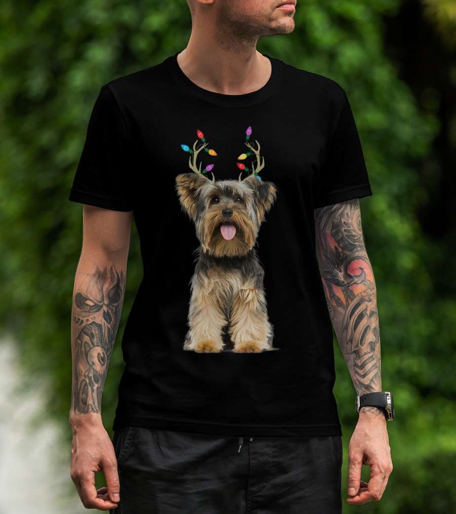 Yorkie Yorkshire Terrier With Colorful Reindeer Antlers T-Shirt