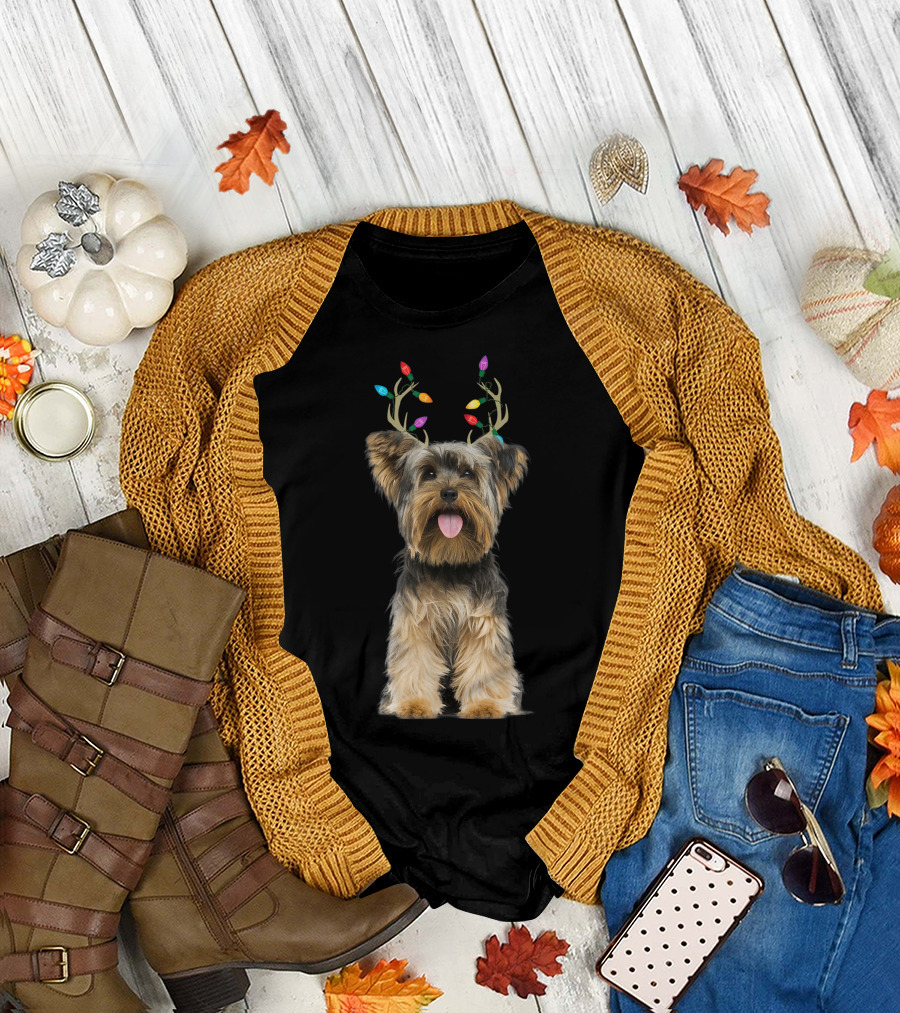 Yorkie Yorkshire Terrier With Colorful Reindeer Antlers T-Shirt