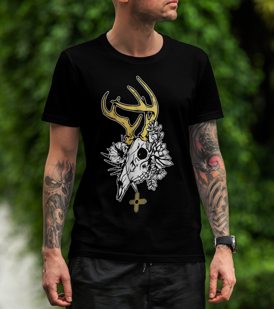 Zia Symbol With Deer Skull And Succulents Southwest Native T-Shirt