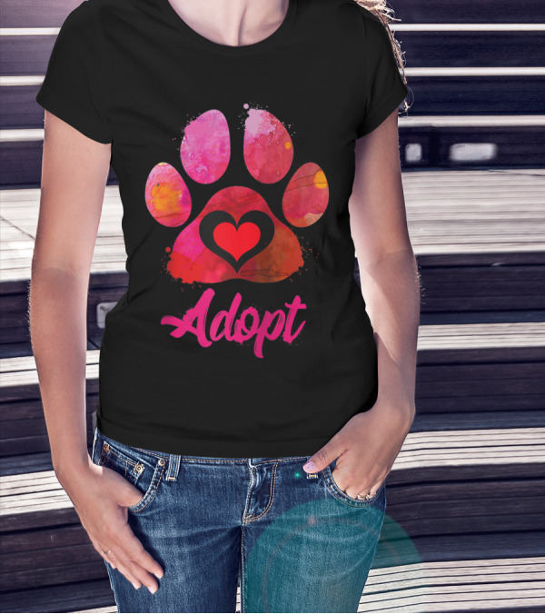 Adopt Love Watercolor Heart Paw Rescue Animal Lover T-Shirt