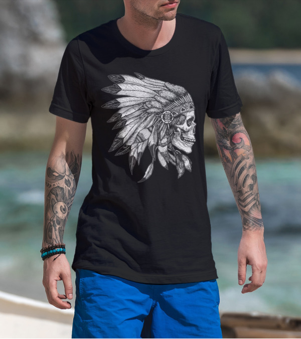 American Motorcycle Skull With Native Indian Eagle Feather Headdress T-Shirt