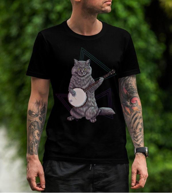 Banjo Cat Rock Kitty Playing The Banjo Triangular Neon Background T-Shirt