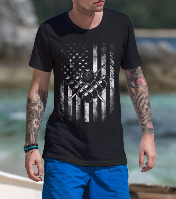 American Flag Billiards Player Pool 8 Ball T-Shirt