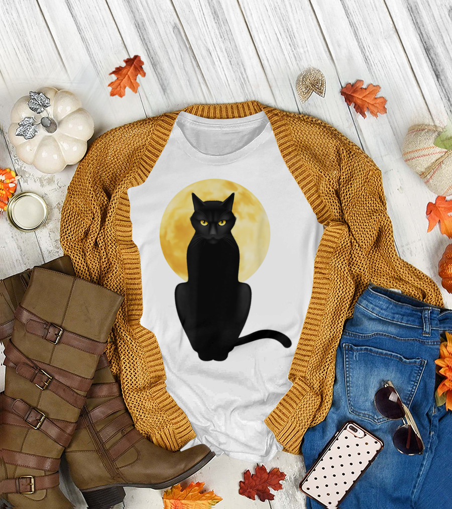 Black Cat Yellow Eyes Full Moon T-Shirt