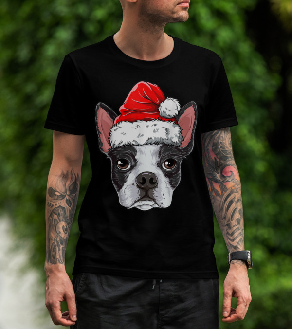 Boston Terrier Christmas Dog Santa Hat T-Shirt