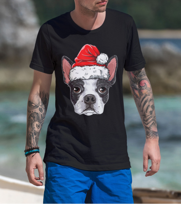 Boston Terrier Christmas Dog Santa Hat T-Shirt