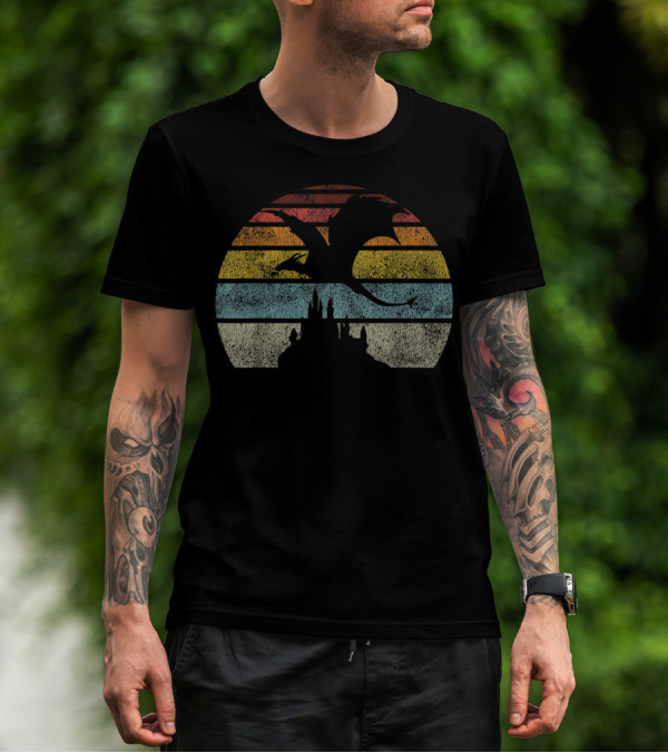 Castle And Dragon Silhouette Against Retro Sunset Stripes T-Shirt
