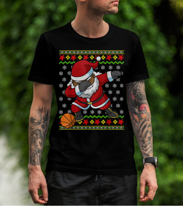 Christmas Black African American Santa Dabbing Basketball Ugly T-Shirt