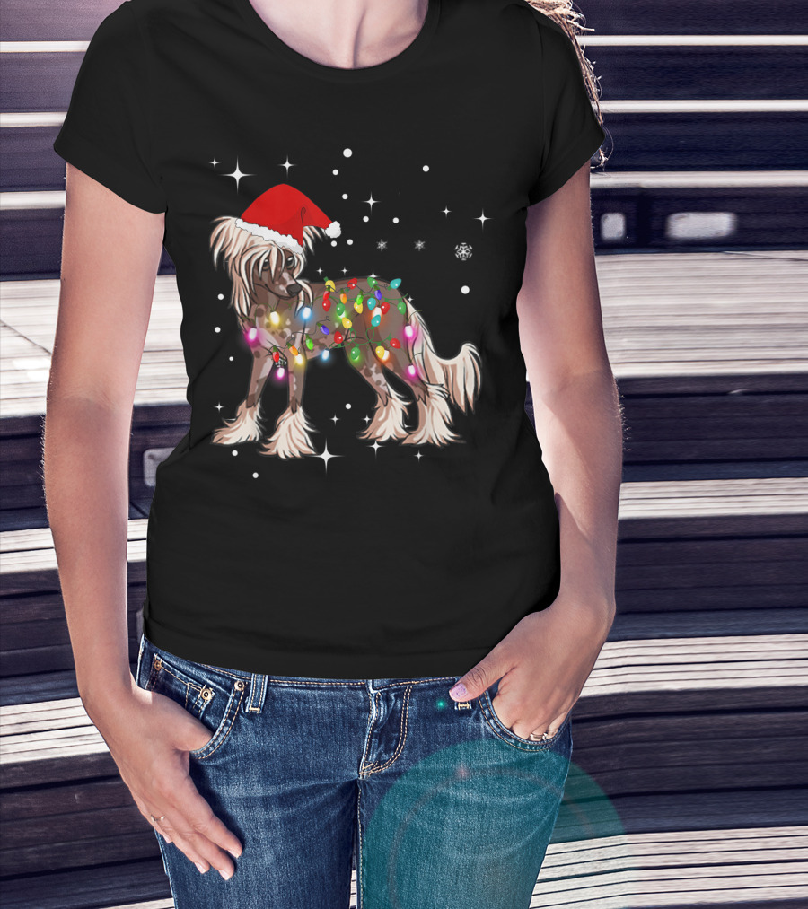Christmas Lights Chinese Crested Dog With Santa Hat And Stars T-Shirt