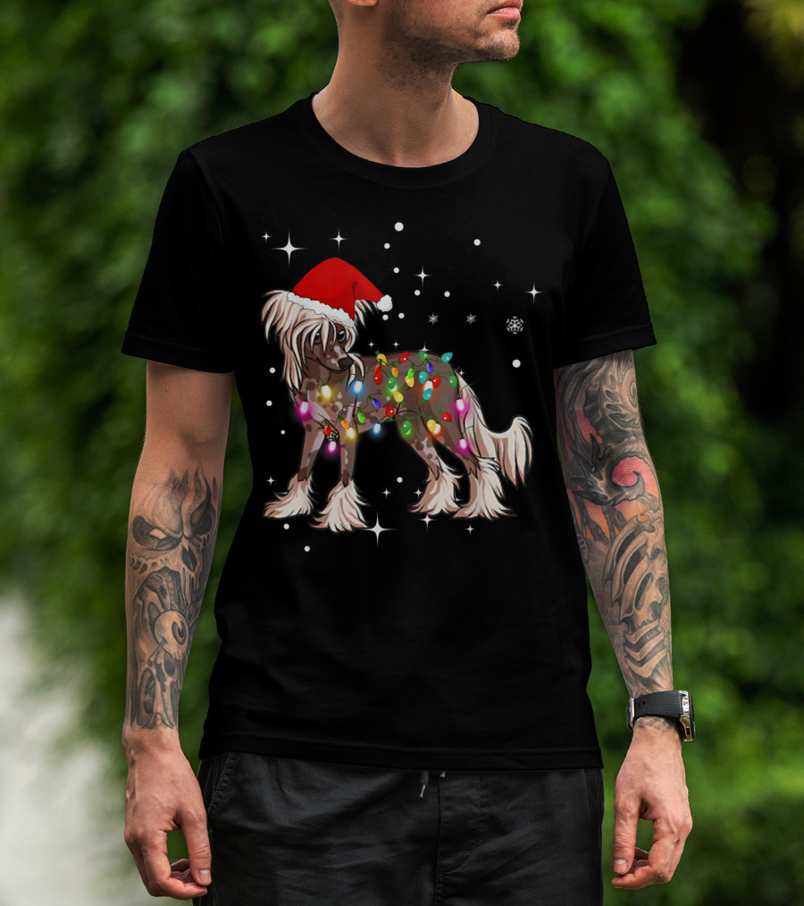 Christmas Lights Chinese Crested Dog With Santa Hat And Stars T-Shirt