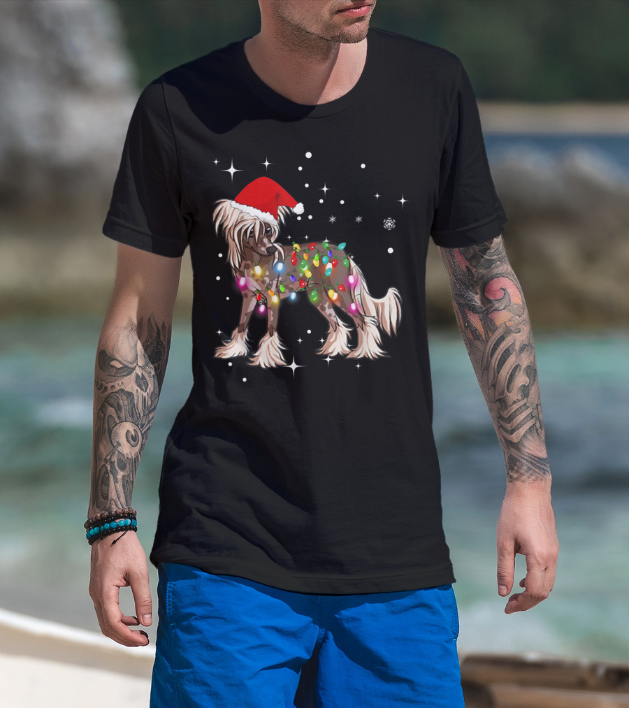 Christmas Lights Chinese Crested Dog With Santa Hat And Stars T-Shirt