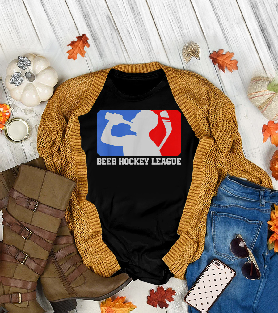 Beer Hockey League Icehockey Drinking Silhouette in Red White and Blue T-Shirt
