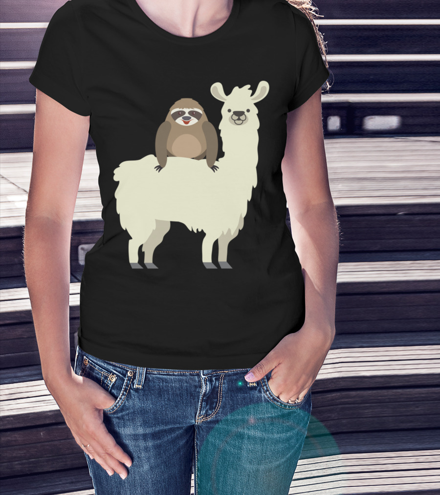 Cute Funny Sloth On Llama T-Shirt