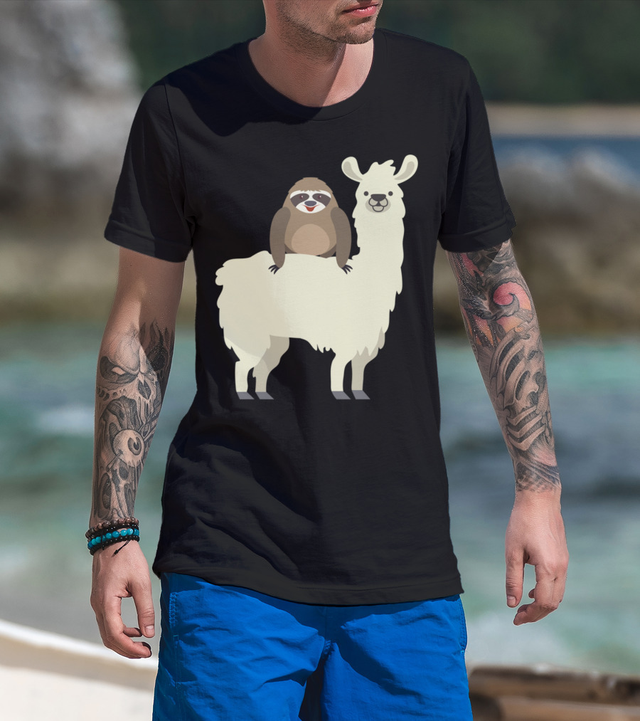 Cute Funny Sloth On Llama T-Shirt
