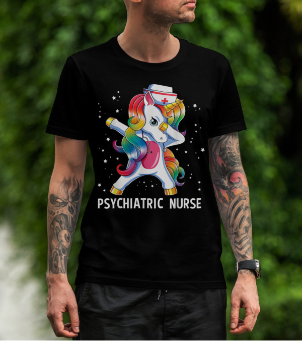 Dabbing Unicorn Rainbow Psychiatric Nurse With Nurse Hat And Stars T-Shirt