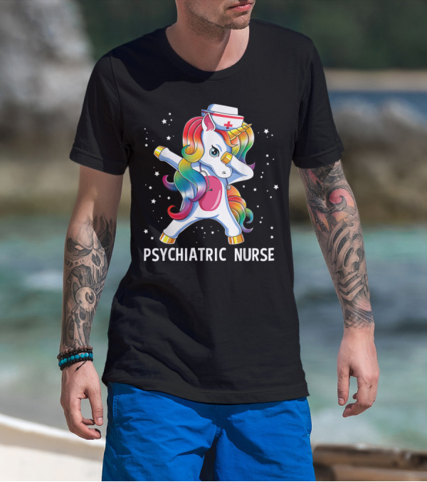 Dabbing Unicorn Rainbow Psychiatric Nurse With Nurse Hat And Stars T-Shirt