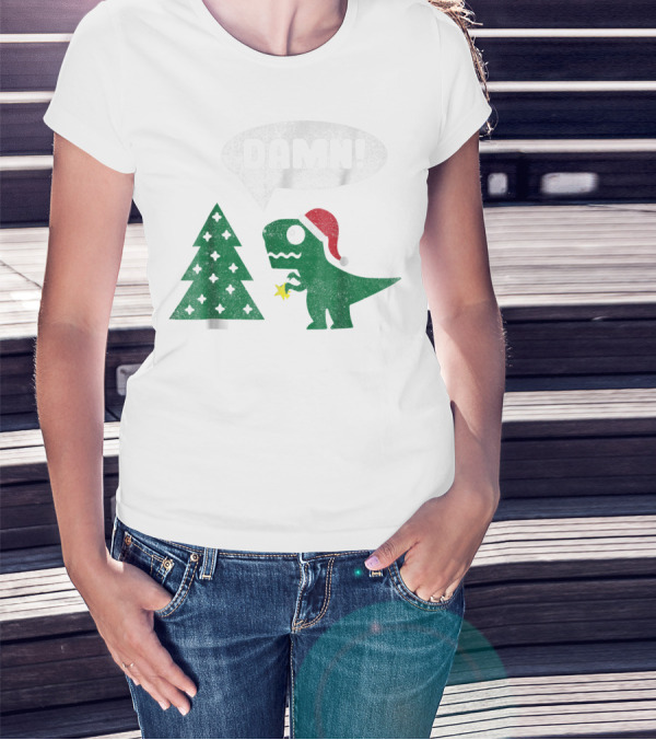 Damn Trex Hates Christmas Dinosaur Lover Funny Santa Dinosaur With Christmas Tree T-Shirt